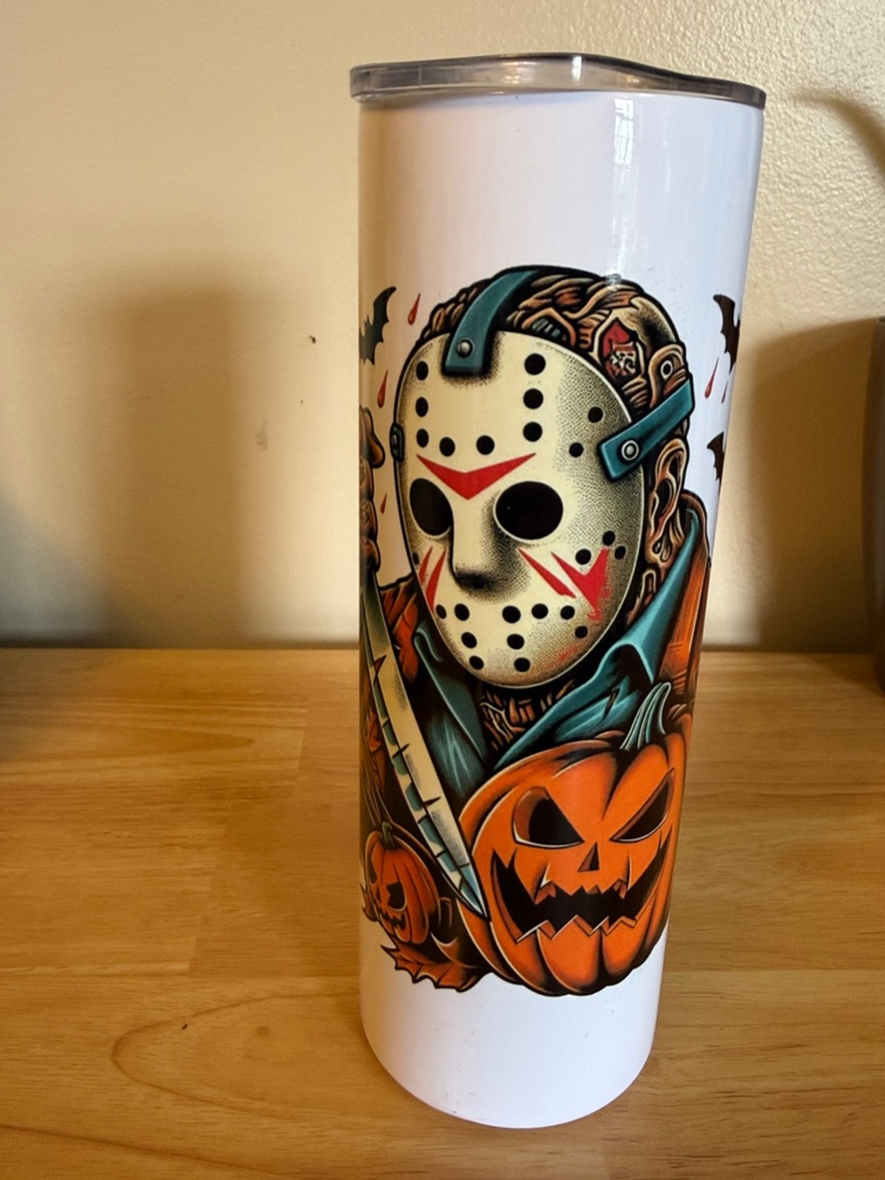 Horror Jason Halloween Stainless Tumbler - White with Orange & Teal Artwork